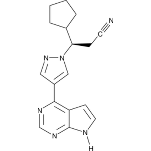 Chemical structure of Ruxolitinib (SIH-509), a JAK kinase inhibitor. CAS #: 941678-49-5. Molecular Formula: C17H18N6. Molecular Weight: 306.4 g/mol.