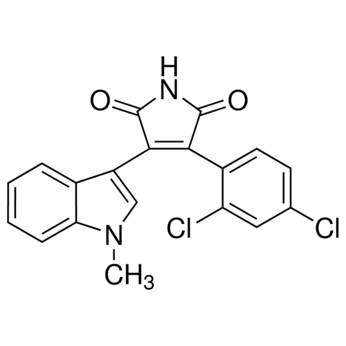 Chemical structure of SB216763 (SIH-510), a GSK-3 kinase inhibitor. CAS #: 280744-09-4. Molecular Formula: C19H12Cl2N2O2. Molecular Weight: 371.2 g/mol.