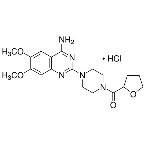 Chemical structure of Terazosin Hydrochloride (SIH-516), a Alpha adrenergic antagonist, and Hsp90 Activator. CAS #: 63074-08-8. Molecular Formula: C19H25N5O4 · HCl. Molecular Weight: 423.89 g/mol.