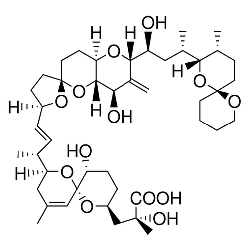 Chemical structure of Okadaic acid (SIH-521), a PP1 and PP2A inhibitor. CAS #: 78111-17-8. Molecular Formula: C44H68O13. Molecular Weight: 805 g/mol.