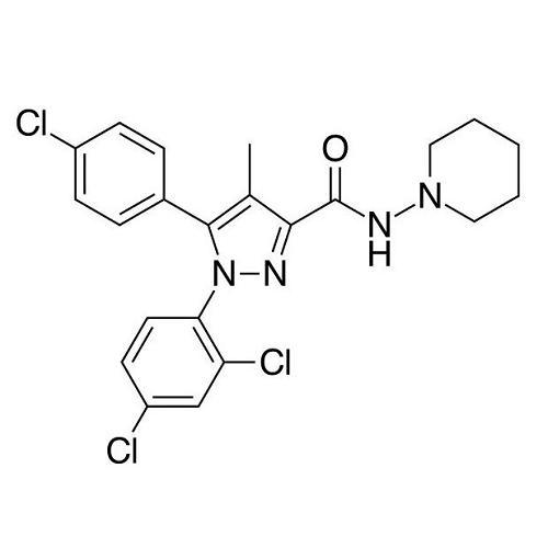 Chemical structure of Rimonabant (SIH-528), a CB1 antagonist. CAS #: 158681-13-1. Molecular Formula: C22H21Cl3N4O. Molecular Weight: 463.8 g/mol.