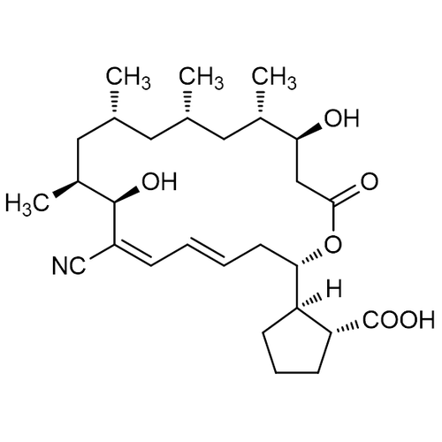 Chemical structure of Borrelidin (SIH-546), a Angiogenesis inhibitor. CAS #: 7184-60-3. Molecular Formula: C28H43NO6. Molecular Weight: 489.7 g/mol.