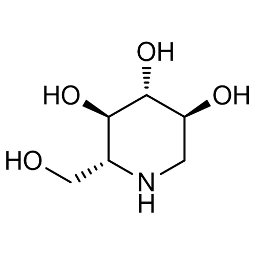 Chemical structure of 1-Deoxynojirimycin (SIH-547), a Glycosidase inhibitor. CAS #: 19130-96-2. Molecular Formula: C6H13NO4. Molecular Weight: 163.2 g/mol.