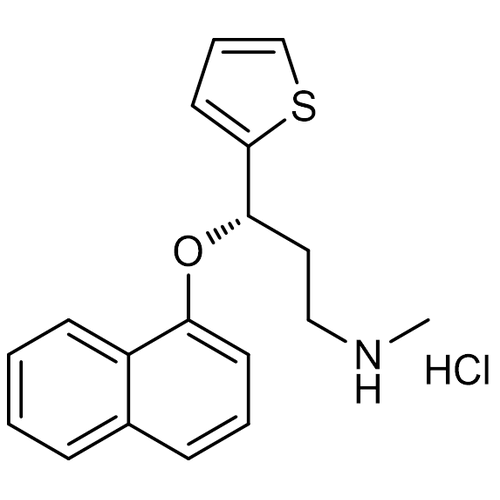 Chemical structure of Duloxetine HCl (SIH-549), a 5-HT-noradrenaline reuptake inhibitor. CAS #: 136434-34-9. Molecular Formula: C18H19NOS.HCl. Molecular Weight: 333.9 g/mol.