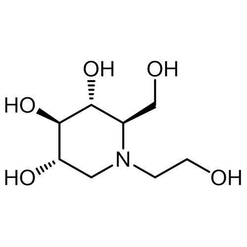 Chemical structure of Miglitol (SIH-552), a alpha-glucosidase inhibitor. CAS #: 72432-03-2. Molecular Formula: C8H17NO5. Molecular Weight: 207.2 g/mol.