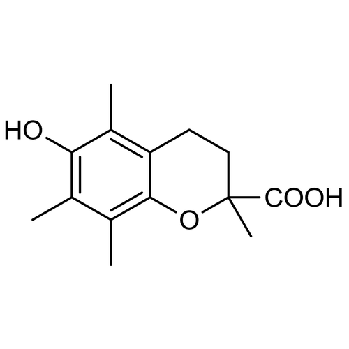 Chemical structure of Trolox (SIH-556), a Antioxidant vitamin E derivative. CAS #: 53188-07-1. Molecular Formula: C14H18O4. Molecular Weight: 250.3 g/mol.