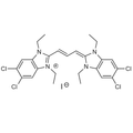 Chemical structure of JC-1 (SIH-562), a Mitochondrial membrane potential dependent fluorescent dye. CAS #: 3520-43-2. Molecular Formula: C25H27Cl4IN4. Molecular Weight: 652.2 g/mol.