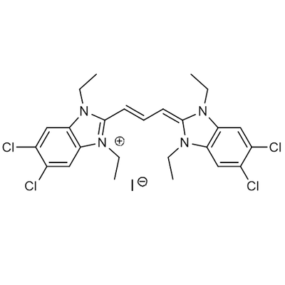 Chemical structure of JC-1 (SIH-562), a Mitochondrial membrane potential dependent fluorescent dye. CAS #: 3520-43-2. Molecular Formula: C25H27Cl4IN4. Molecular Weight: 652.2 g/mol.