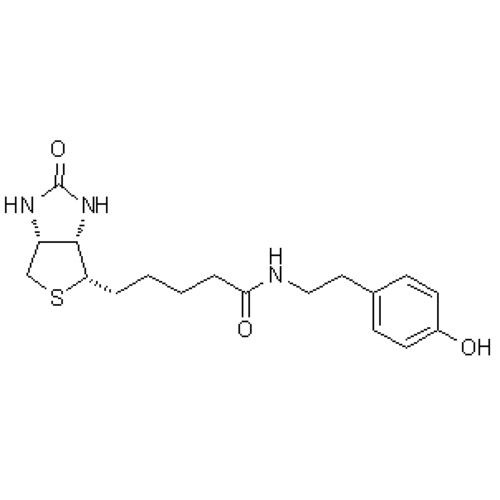 Chemical structure of Biotinyl Tyramide (SIH-573), a Signal Amplifier. CAS #: 41994-02-9. Molecular Formula: C18H25N3O3S. Molecular Weight: 363.47 g/mol.