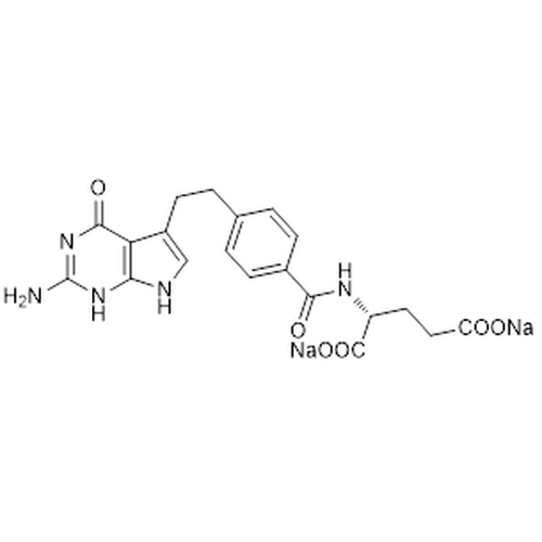 Chemical structure of Pemetrexed Disodium Heptahydrate (SIH-583), a folate-dependent enzyme inhibitor. CAS #: 357166-29-1. Molecular Formula: C20H19N5Na2O6 [7H2O]. Molecular Weight: 597.5 g/mol.