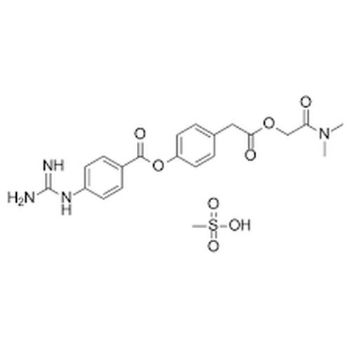 Chemical structure of Camostat mesylate (SIH-585), a Serine protease inhibitor. CAS #: 59721-29-8. Molecular Formula: C20H22N4O5·CH3SO3H. Molecular Weight: 494.5 g/mol.