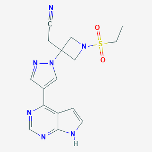 Chemical structure of Baricitinib (SIH-587), a Kinase inhibitor (pan-specific). CAS #: 1187594-09-7. Molecular Formula: C16H17N7O2S. Molecular Weight: 371.4 g/mol.