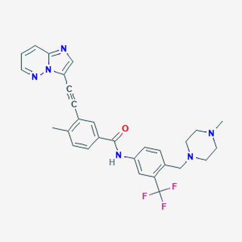 Chemical structure of Ponatinib (SIH-588), a Tyrosine Kinase Inhibitors. CAS #: 943319-70-8. Molecular Formula: C29H27F3N6O. Molecular Weight: 532.6 g/mol.