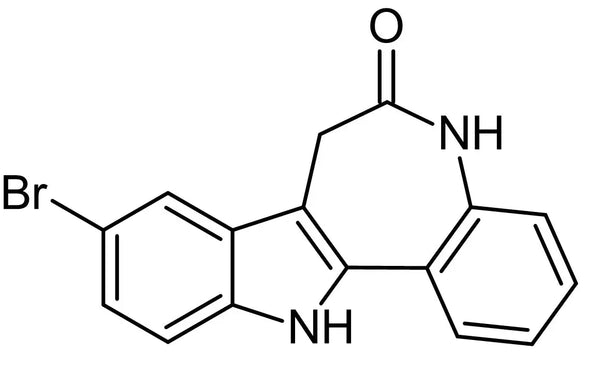 Chemical structure of Kenpaullone (SIH-598), a GSK3Beta,CDK2 and LCK Inhibitor. CAS #: 142273-20-9. Molecular Formula: C16H11BrN2O. Molecular Weight: 327.2 g/mol.