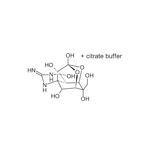 Chemical structure of Tetrodotoxin Citrate (SIH-603), a Sodium Channel Blocker. CAS #: 18660-81-6. Molecular Formula: C11N17N3O8. Molecular Weight: 319.27 g/mol.