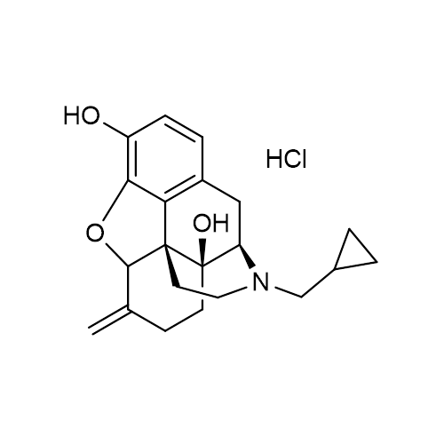 Chemical structure of Nalmefene HCl (SIH-621), a Opioid Receptor Antagonist. CAS #: 58895-64-0. Molecular Formula: C21H25NO3 • HCl  . Molecular Weight: 375.9 g/mol.