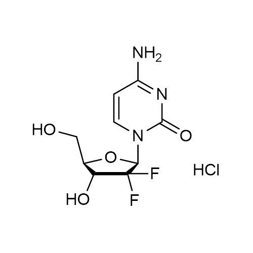 Chemical structure of Gemcitabine (SIH-623), a DNA polymerase inhibitor. CAS #: 122111-03-9. Molecular Formula: C9H11F2N3O4  • HCl. Molecular Weight: 299.7 g/mol.
