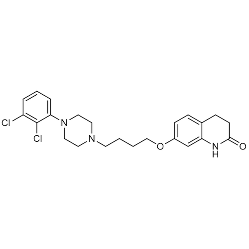 Chemical structure of Aripiprazole (SIH-630), a Dopamine D2 receptor antagonist. . CAS #: 129722-12-9. Molecular Formula: C23H27Cl2N3O2. Molecular Weight: 448.4 g/mol.