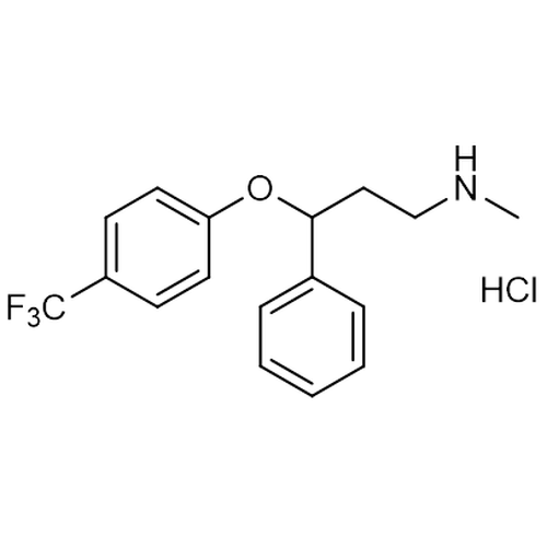 Chemical structure of Fluoxetine HCl (SIH-631), a Serotonin reuptake inhibitor. CAS #: 56296-78-7. Molecular Formula: C17H18F3NO  • HCl. Molecular Weight: 345.8 g/mol.