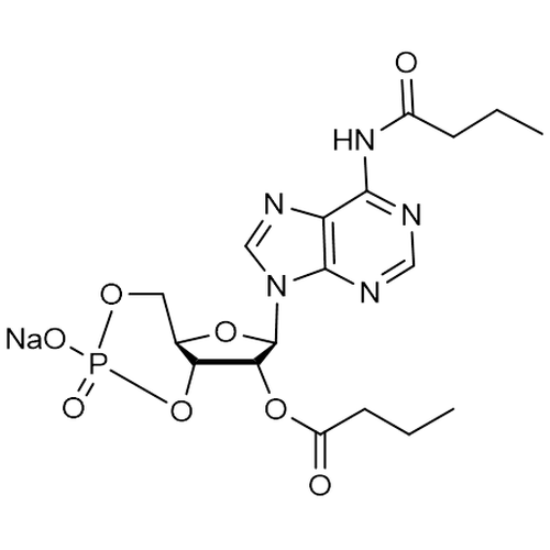 Chemical structure of Dibutyryl-cAMP (SIH-632), a Activates PKA. CAS #: 16980-89-5. Molecular Formula: C18H23N5O8P • Na. Molecular Weight: 491.4 g/mol.