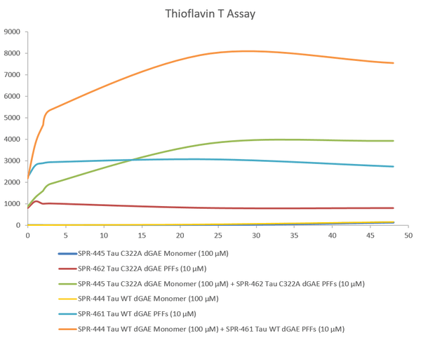 Thioflavin T emission curves show increased fluorescence (correlated to tau aggregation) over time when truncated tau fragment (AA297-391) (dGAE) monomer is combined with truncated tau fragment (AA297-391) (dGAE) pre-formed fibrils (Type 1). | Coomassie gel stain of Human dGAE Tau protein monomer (SPR-444)