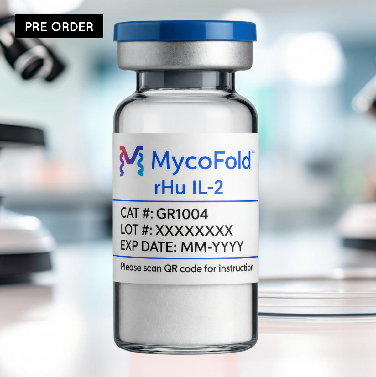 Free Sample – MycoFold™ Human Recombinant Growth Factors and Cytokines (M-CSF, IL-2, IL-6, PDGF-BB) lyophilized protein vials