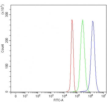 Flow cytometry testing of fixed and permeabilized human JK cells with 3BP2 antibody at 1ug/million cells (blocked with goat sera); Red=cells alone, Green=isotype control, Blue= 3BP2 antibody.