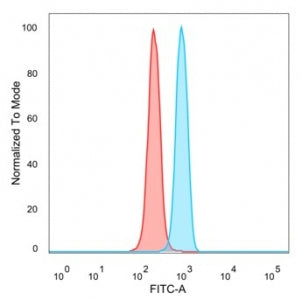 Flow cytometry testing of PFA-fixed human HeLa cells with POGZ antibody (clone PCRP-POGZ-1B2) followed by goat anti-mouse IgG-CF488 (blue), Red = unstained cells.