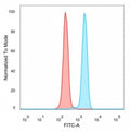 Flow cytometry testing of PFA-fixed human HeLa cells with ZNF232 antibody (clone PCRP-ZNF232-2B3) followed by goat anti-mouse IgG-CF488 (blue), Red = unstained cells.