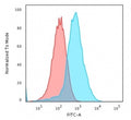Flow cytometry testing of PFA-fixed human HepG2 cells with recombinant GRP94 antibody (clone HSP90B1/3168R); Red=isotype control, Blue= recombinant GRP94 antibody.