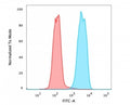 Flow cytometry testing of PFA-fixed human MCF7 cells with unlabeled anti-EpCAM antibody (clone SPM134) + CF488-labeled secondary; Red=isotype control, Blue= anti-EpCAM antibody.