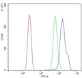 Flow cytometry testing of human HL60 cells with BRCA1 antibody at 1ug/million cells (blocked with goat sera); Red=cells alone, Green=isotype control, Blue= BRCA1 antibody.