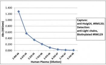 Sandwich ELISA with human plasma using recombinant Human IgG4 antibody as the capture, and <a href=../tds/recombinant-human-ig-light-chains-antibody-rabbit-monoclonal-r20180btn>biotinylated anti-human light chains (kappa +lambda) antibody RM129</a> as the detect, followed by an AP conjugated streptavidin