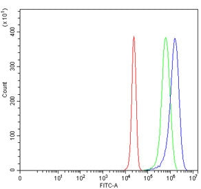 Flow cytometry testing of human HepG2 cells with DSG3 antibody at 1ug/million cells (blocked with goat sera); Red=cells alone, Green=isotype control, Blue= DSG3 antibody.