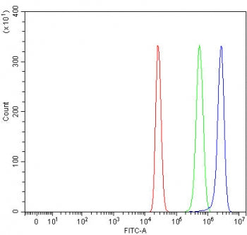 Flow cytometry testing of human HepG2 cells with RNF216 antibody at 1ug/million cells (blocked with goat sera); Red=cells alone, Green=isotype control, Blue= RNF216 antibody.