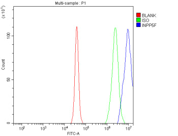 Flow Cytometry analysis of Daudi cells using anti-INPP5F antibody. Overlay histogram showing Daudi cells stained with (Blue line). The cells were fixed with 4% paraformaldehyde and blocked with 10% normal goat serum. And then incubated with rabbit anti-INPP5F antibody (1 ug/million cells) for 30 min at 20oC. DyLight 488 conjugated goat anti-rabbit IgG (5-10 ug/million cells) was used as secondary antibody for 30 min at 20oC.