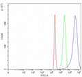 Flow cytometry testing of fixed and permeabilized human 293T cells with NARF antibody at 1ug/million cells (blocked with goat sera); Red=cells alone, Green=isotype control, Blue= NARF antibody.