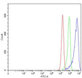 Flow cytometry testing of human RT4 cells with RHNO1 antibody at 1ug/million cells (blocked with goat sera); Red=cells alone, Green=isotype control, Blue= RHNO1 antibody.
