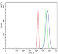 Flow cytometry testing of human U-2 OS cells with NARF antibody at 1ug/million cells (blocked with goat sera); Red=cells alone, Green=isotype control, Blue= NARF antibody.