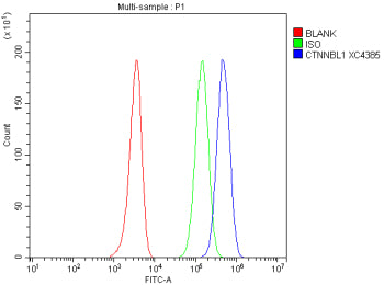 Flow Cytometry analysis of HEL cells using anti-CTNNBL1 antibody. Overlay histogram showing HEL cells stained with (Blue line). To facilitate intracellular staining, cells were fixed with 4% paraformaldehyde and permeabilized with permeabilization buffer. The cells were blocked with 10% normal goat serum. And then incubated with rabbit anti-CTNNBL1 antibody (1 ug/million cells) for 30 min at 20oC.