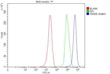 Flow Cytometry analysis of MCF-7 cells using anti-TDRD5 antibody. Overlay histogram showing MCF-7 cells stained with (Blue line). To facilitate intracellular staining, cells were fixed with 4% paraformaldehyde and permeabilized with permeabilization buffer. The cells were blocked with 10% normal goat serum. And then incubated with rabbit anti-TDRD5 antibody (1 ug/million cells) for 30 min at 20oC.