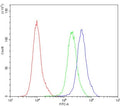 Flow cytometry testing of human PC-3 cells with Aquaporin 2 antibody at 1ug/million cells (blocked with goat sera); Red=cells alone, Green=isotype control, Blue= Aquaporin 2 antibody.