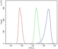 Flow cytometry testing of rat NRK cells with DR3 antibody at 1ug/million cells (blocked with goat sera); Red=cells alone, Green=isotype control, Blue= DR3 antibody.