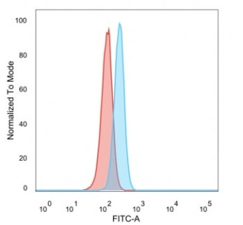 FACS staining of PFA-fixed human HeLa cells with CBF beta antibody (blue, clone PCRP-CBFB-1E6) and isotype control (red).