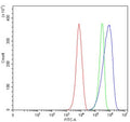 Flow cytometry testing of mouse RAW264.7 cells with Aim2 antibody at 1ug/million cells (blocked with goat sera); Red=cells alone, Green=isotype control, Blue= Aim2 antibody.