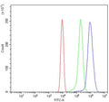 Flow cytometry testing of mouse ANA-1 cells with Dnmt3l antibody at 1ug/million cells (blocked with goat sera); Red=cells alone, Green=isotype control, Blue= Dnmt3l antibody.