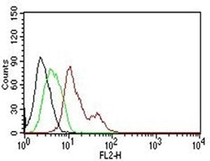FACS testing of human MCF-7: Black=cells alone; Green=isotype control; Red= PE conjugated Estrogen Receptor antibody