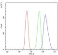 Flow cytometry testing of human Caco-2 cells with DUSP1 antibody at 1ug/million cells (blocked with goat sera); Red=cells alone, Green=isotype control, Blue= DUSP1 antibody.