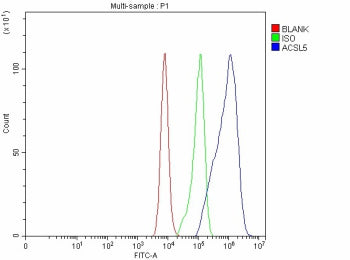 Flow Cytometry analysis of Caco-2 cells using anti-ACSL5 antibody. Overlay histogram showing Caco-2 cells stained with (Blue line). The cells were fixed with 4% paraformaldehyde and blocked with 10% normal goat serum. And then incubated with rabbit anti-ACSL5 antibody (1 ug/million cells) for 30 min at 20oC. DyLight 488 conjugated goat anti-rabbit IgG (5-10 ug/million cells) was used as secondary antibody for 30 min at 20oC.