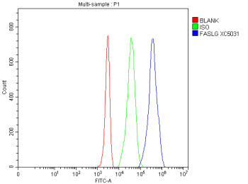 Flow Cytometry analysis of Jurkat cells using anti-FASLG antibody. Overlay histogram showing Jurkat cells stained with (Blue line). The cells were fixed with 4% paraformaldehyde and blocked with 10% normal goat serum. And then incubated with rabbit anti-FASLG antibody (1 ug/million cells) for 30 min at 20oC. DyLight 488 conjugated goat anti-rabbit IgG (5-10 ug/million cells) was used as secondary antibody for 30 min at 20oC.